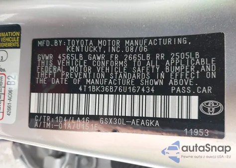 2006 Toyota Avalon Xls z USA, uszkodzony, nr VIN 4T1BK36B76U167434
